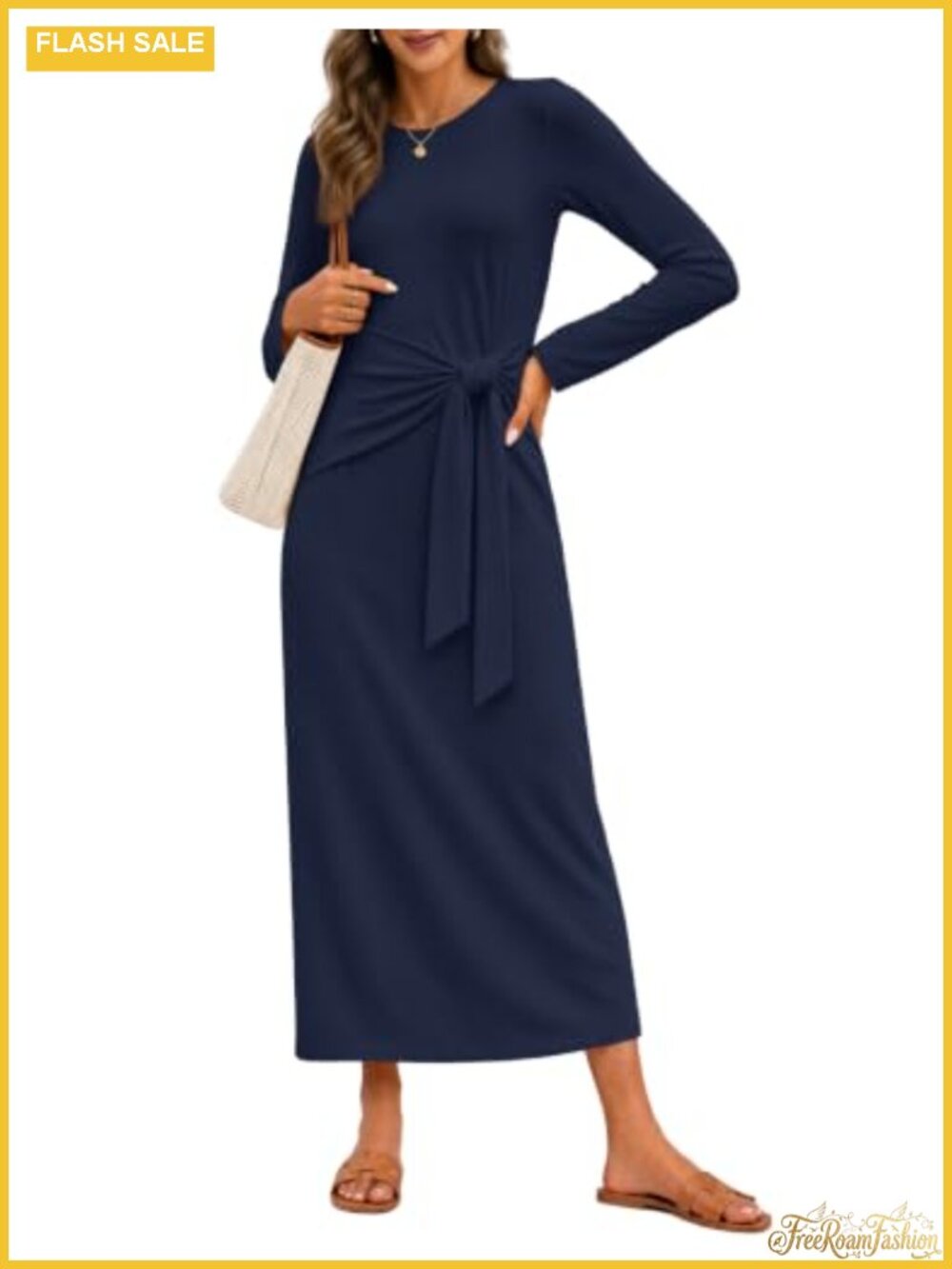 Long Sleeve Tie Waist Maxi Dress, Midi Wrap Work Dress for Women | Autumn